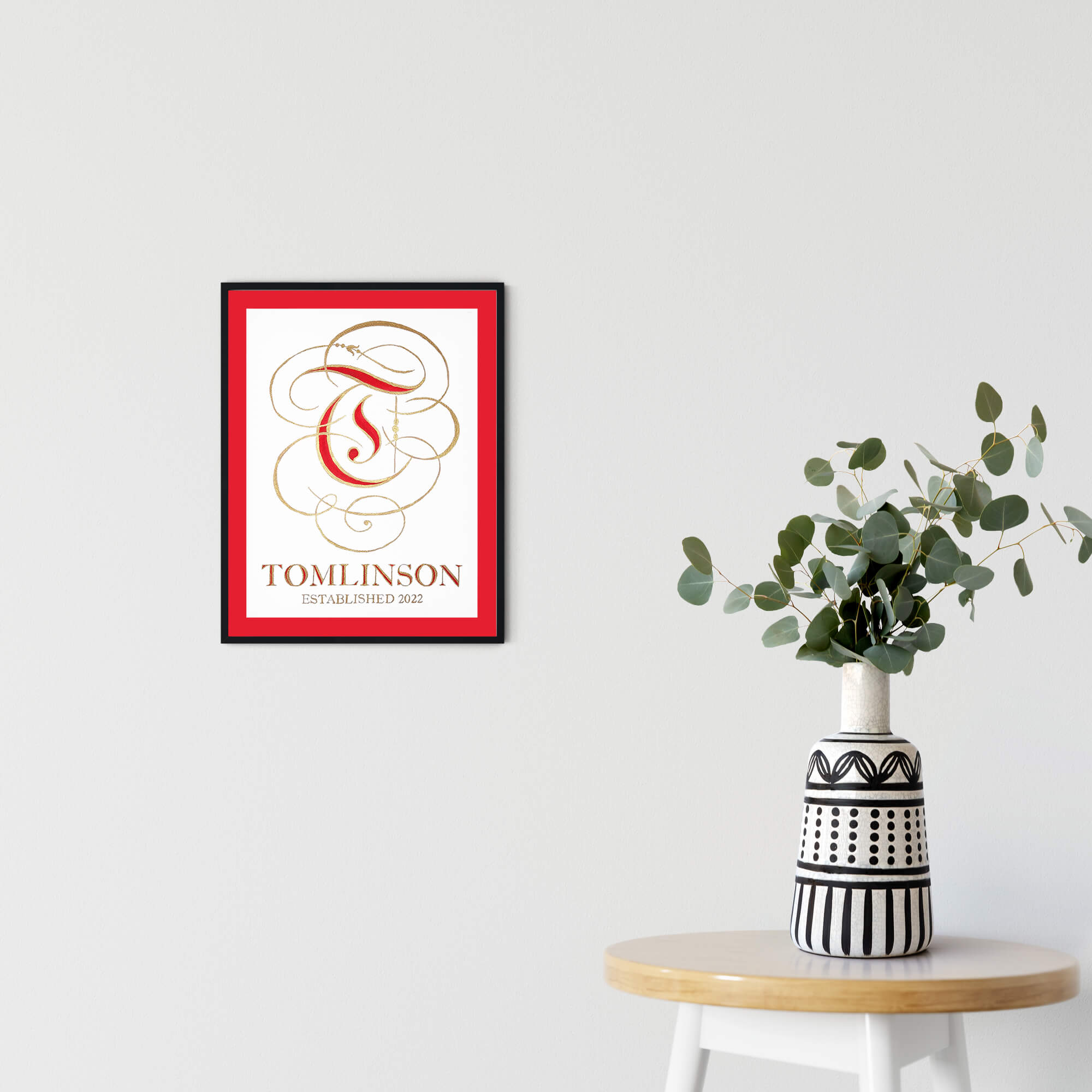 Red and Gold Illuminated Watercolor and Ink Monogram on Wall