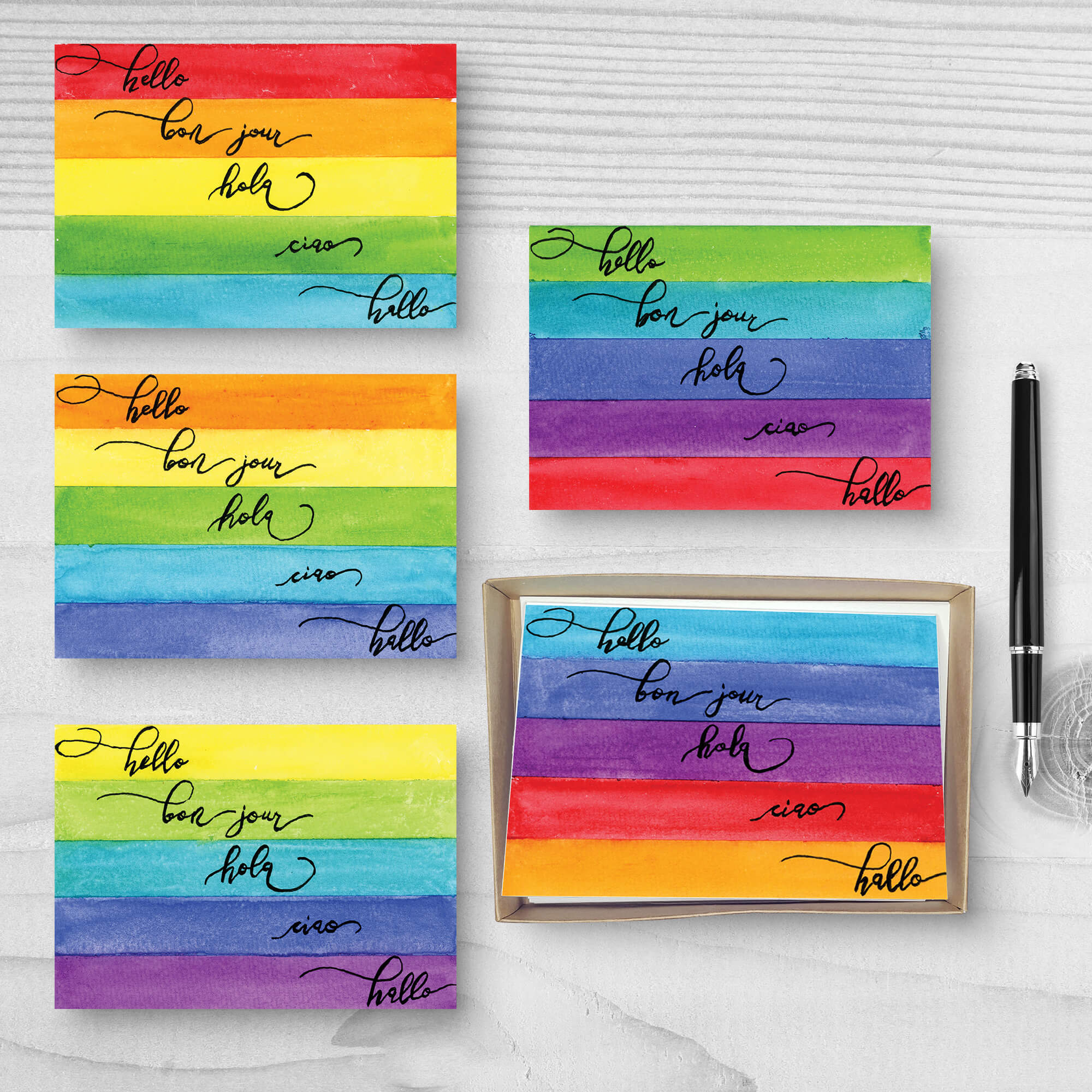 Set of five "Hello" greeting cards with "Hello" in five languages and striped background