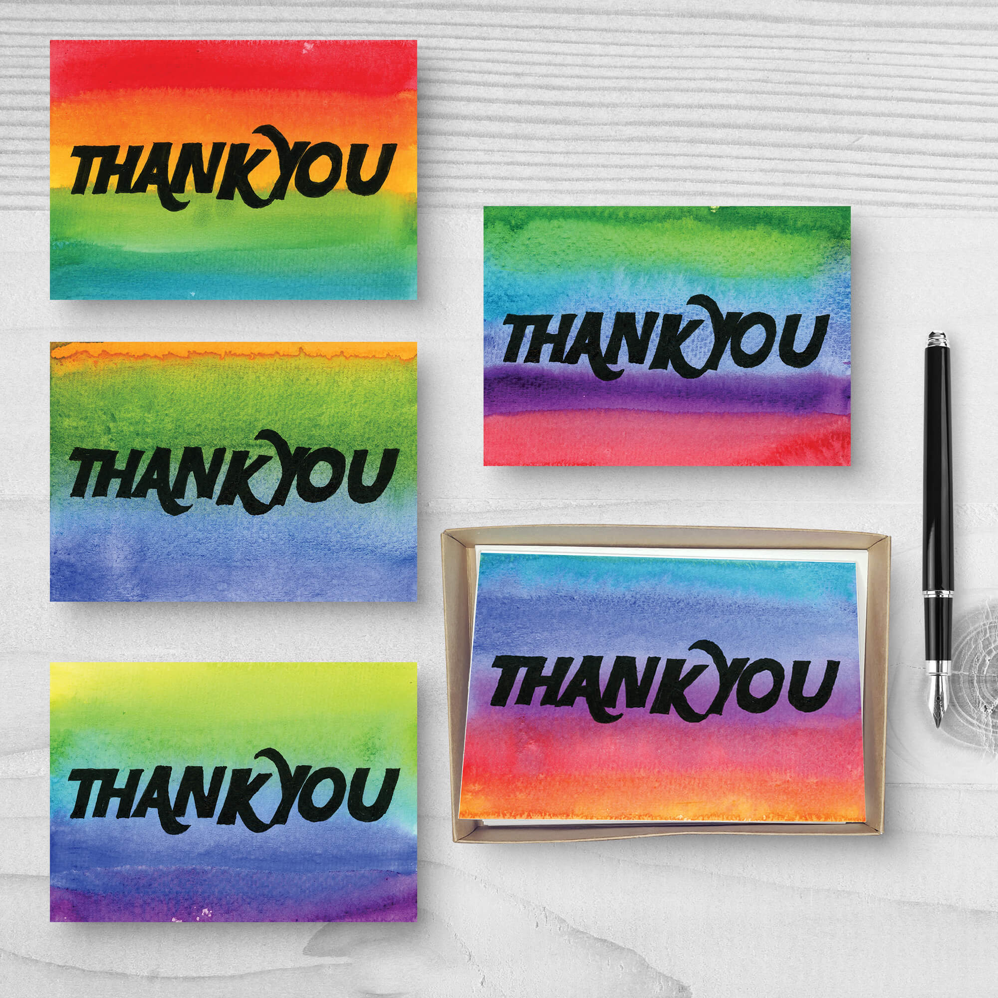 Set of Five "Thank You Cards" with different rainbow gradient backgrounds