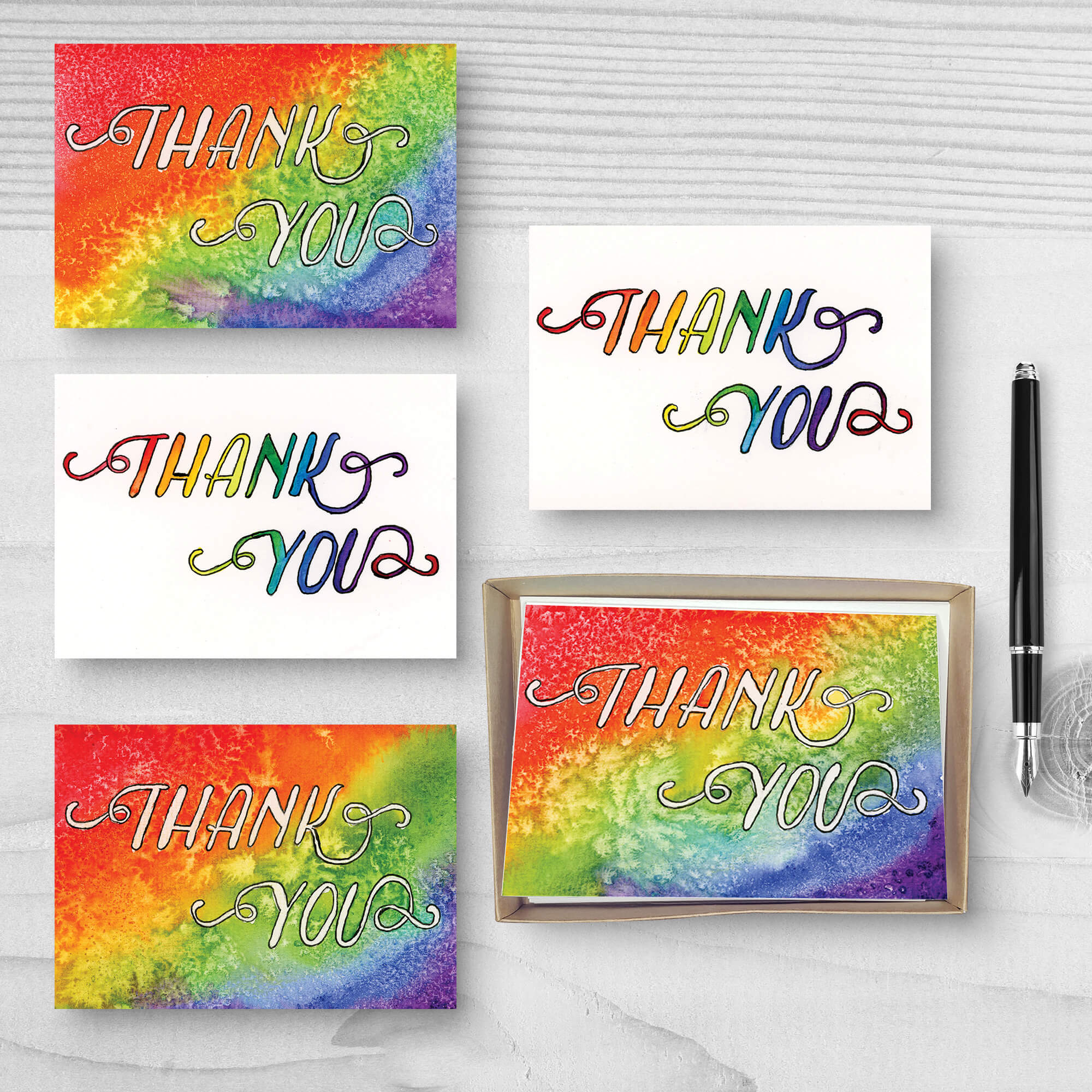 Set of Five "Thank You" cards with rainbow gradients and salt textures