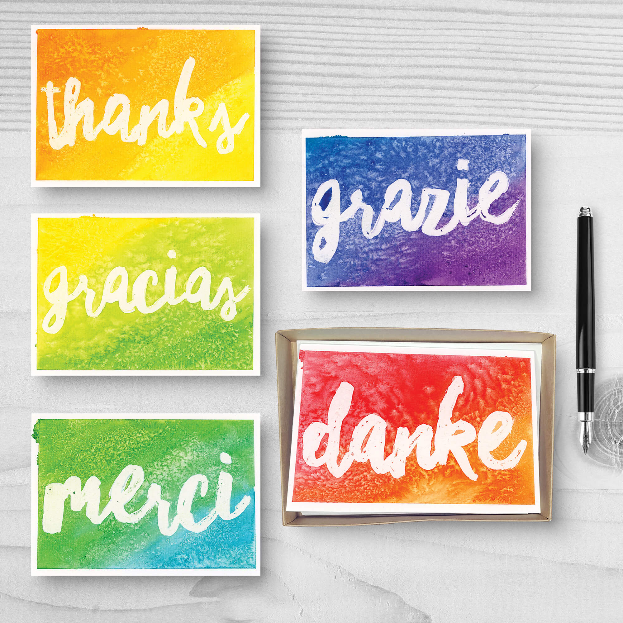 Set of five "Thank You" Cards each with a different language and gradient