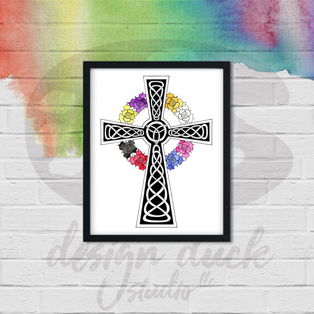 Celtic Cross with Colorful Stylized Roses on Design Duck Brick Wall