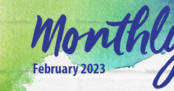 February 2023 Monthly Recap image White brick wall with watercolor rainbow gradient and Design Duck Studio Logo